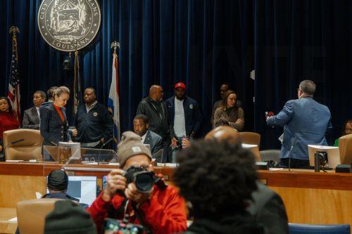epa12570932 New Orleans City Council President and Mayor-elect Helena Moreno (2-L) leaves as protesters disrupt a New Orleans City Council meeting in New Orleans, Louisiana, USA, 04 December 2025.  About 250 federal Border Patrol agents are deployed to New Orleans and surrounding areas as part of the Trump administration's ongoing crackdown on undocumented...