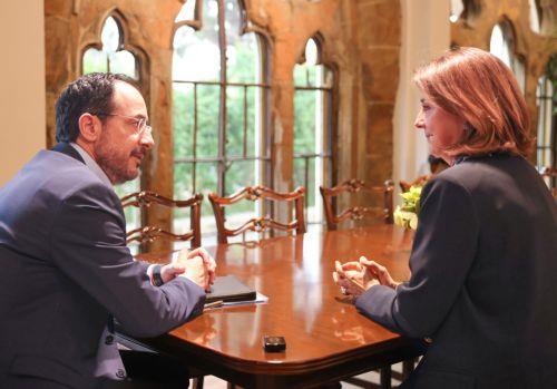 Ο Πρόεδρος της Δημοκρατίας κ. Νίκος Χριστοδουλίδης σε συνάντηση με την Προσωπική Απεσταλμένη του Γενικού Γραμματέα (ΓΓ) του Οργανισμού Ηνωμένων Εθνών (ΟΗΕ) για το Κυπριακό κα María Angela Holguín Cuéllar, στο Προεδρικό Μέγαρο, Λευκωσία, Κύπρος.