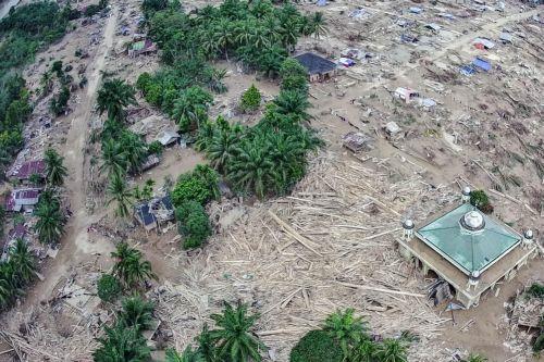 epa12578280 A photo taken with a drone shows a general view of a mosque surrounded by logs swept away by a flash flood at a flood affected area in Aceh Tamiang, Aceh province, Indonesia, 08 December 2025. According to the National Disaster Management Agency, floods and landslides triggered by Tropical Cyclone Senyar have killed 961 people across the...