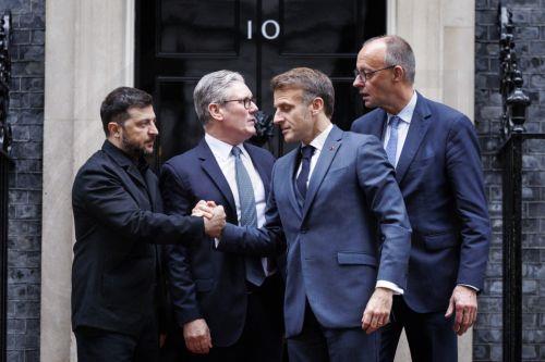 epa12578778 (L-R) Ukraine's President Volodymyr Zelensky, British Prime Minister Keir Starmer, German Chancellor Friedrich Merz and French President Emmanuel Macron speak to each other as they depart from 10 Downing Street, London, Britain, 08 December 2025. The President of Ukraine is visiting Downing Street to meet the leaders of the UK, France, and...