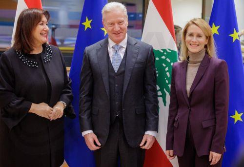 epa12594508 European Commissioner for Mediterranean Dubravka Suica (L) and EU High Representative for Foreign Affairs and Security Policy Kaja Kallas (R) pose alongside Lebanon's Minister of Foreign Affairs and Emigrants, Youssef Rajji (C) for an official photograph during the EU-Lebanon Association Council in Brussels, Belgium, 15 December 2025. ...