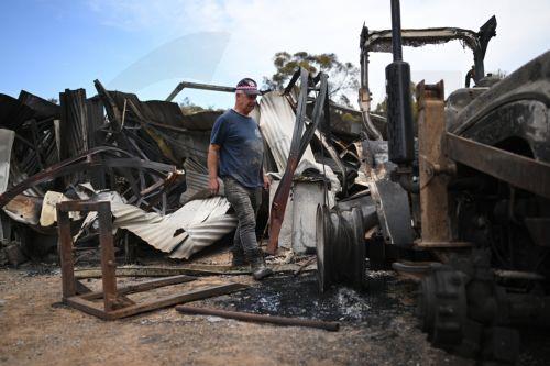 epa12639604 Harcourt CFA first lieutenant Tyrone Rice inspects damage to his property following a bushfire in Harcourt, Victoria, Australia, 10 January 2026.  EPA/JAMES ROSS EDITORIAL USE ONLY AUSTRALIA AND NEW ZEALAND OUT