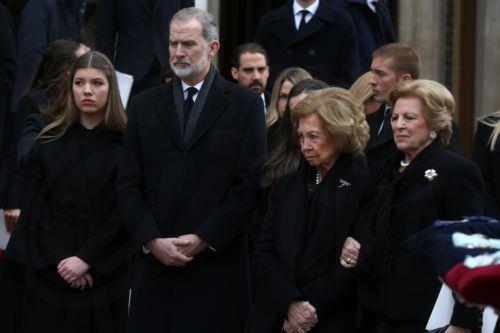epa12661504 Spanish King Felipe VI (C), emeritus Queen Sofia of Spain (2-R) and former Queen Anne Marie (R) leave the Metropolitan Cathedral of Athens, after they attended the funeral service of Princess Irene, Athens, Greece, 19 January 2026. Princess Irene, the younger sister of Queen Sofia of Spain and of the former King Constantine, died aged 83 on 15...