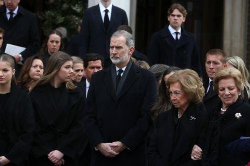epa12661509 Spanish King Felipe VI (C), emeritus Queen Sofia of Spain (2-R) and former Queen Anne Marie (R) leave the Metropolitan Cathedral of Athens, after they attended the funeral service of Princess Irene, Athens, Greece, 19 January 2026. Princess Irene, the younger sister of Queen Sofia of Spain and of the former King Constantine, died aged 83 on 15...