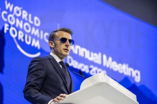 epa12664315 French President Emmanuel Macron speaks during a plenary session at the Congress Hall during the 56th annual meeting of the World Economic Forum (WEF) in Davos, Switzerland, 20 January 2026. The meeting, held under the theme 'A Spirit of Dialogue,' brings together entrepreneurs, scientists, and corporate and political leaders and runs from 19 to...