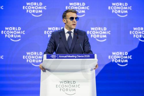 epa12664316 French President Emmanuel Macron speaks during a plenary session at the Congress Hall during the 56th annual meeting of the World Economic Forum (WEF) in Davos, Switzerland, 20 January 2026. The meeting, held under the theme 'A Spirit of Dialogue,' brings together entrepreneurs, scientists, and corporate and political leaders and runs from 19 to...