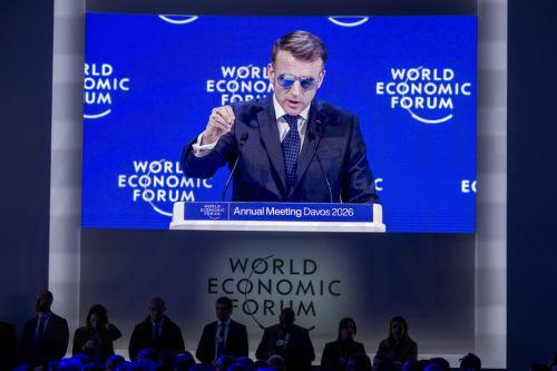 epa12664319 French President Emmanuel Macron speaks during a plenary session at the Congress Hall during the 56th annual meeting of the World Economic Forum (WEF) in Davos, Switzerland, 20 January 2026. The meeting, held under the theme 'A Spirit of Dialogue,' brings together entrepreneurs, scientists, and corporate and political leaders and runs from 19 to...