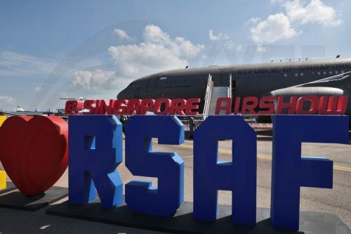 epa12701930 A sign for the Singapore Airshow is seen in front of the Republic of Singapore Air Force (RSAF)'s Airbus A330 Multi-Role Tanker Transport (MRTT) on static display during the Singapore Airshow at Changi Exhibition Centre, Singapore, 03 February 2026. The Singapore Airshow 2026, one of Asia’s largest aerospace and defense exhibitions, runs from 03...