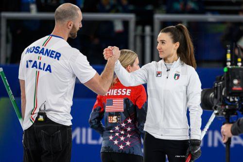 epa12719767 Amos Mosaner (L) and Stefania Constantini of Italy react at the end of the Mixed Doubles match between USA and Italy of the Curling competition, at the Milano Cortina 2026 Winter Olympic Games in Cortina d'Ampezzo, Italy, 09 February 2026.  EPA/JURE MAKOVEC