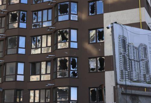 epa12719861 The damaged windows of a residential building at the site of a Russian strike in Odesa, southwestern Ukraine, 09 February 2026, amid the Russian invasion. At least one person was killed and two others injured after a drone hit a residential area, damaging a high-rise building and a gas pipeline, according to the State Emergency Service of...