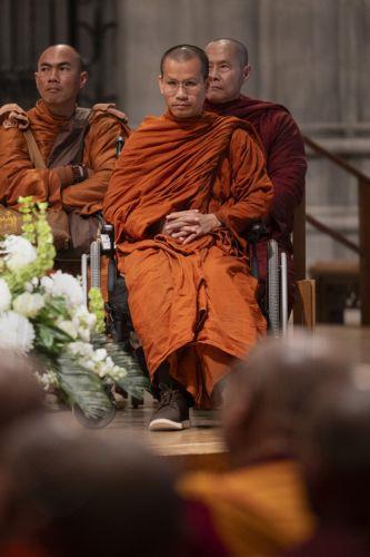 epa12725424 Maha Ajarn Dam Phommasan, a Theravada Buddhist monk who lost his leg during the Walk for Peace south of Houston, Texas, rejoins the group at the Washington National Cathedral during the Walk for Peace in Washington, DC, USA, 10 February 2026. The Theravada Buddhist monks, who have walked from  Fort Worth, Texas, will make stops at the National...