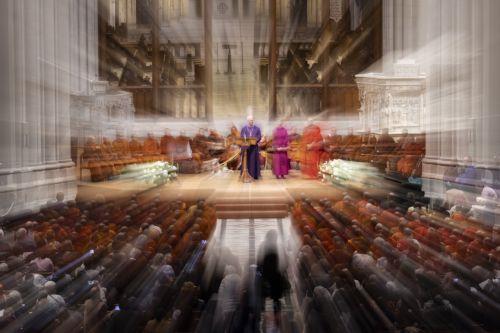 epa12725433 The Very Reverend Randolph Marshall Hollerith (C) of the Washington National Cathedral introduces the Theravada Buddhist monks to leaders of the interfaith community at the Washington National Cathedral during the Walk For Peace in Washington, DC, USA, 10 February 2026. The Theravada Buddhist monks, who have walked from  Fort Worth, Texas, will...