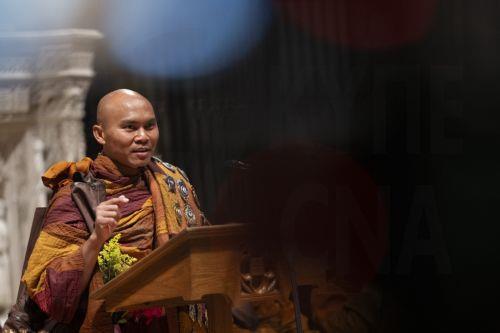 epa12725450 Bhikkhu Pannakara, a Theravada Buddhist monk, speaks to interfaith leaders at the Washington National Cathedral during the Walk For Peace in Washington, DC, USA, 10 February 2026. The Theravada Buddhist monks, who have walked from  Fort Worth, Texas, will make stops at the National Cathedral and Embassy Row before walking to the US Capitol and...