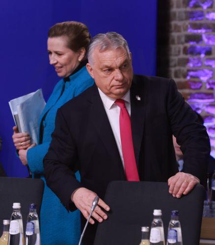 epa12730224 Danish Prime Minister Mette Frederiksen and Hungarian Prime Minister Viktor Orban at the start of the Informal EU leaders' retreat at Alden Biesen Castle in Bilzen, Belgium, 12 February 2026. The strategic session focuses on deepening the Single Market, boosting investment, and enhancing Europe's competitiveness in a shifting geoeconomic...