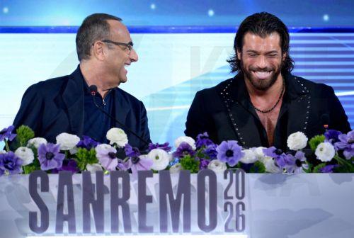 epaselect epa12773050 Sanremo Festival host and artistic director Carlo Conti (R) and Turkish actor Can Yaman (L) attend a press conference at the 76th Sanremo Italian Song Festival in Sanremo, Italy, 24 February 2026. The 2026 Music Festival runs from 24 to 28 February 2026.  EPA/ETTORE FERRARI