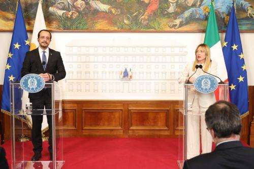 Ο Πρόεδρος της Δημοκρατίας κ. Νίκος Χριστοδουλίδης και η Πρωθυπουργός της Ιταλίας κα Giorgia Meloni προβαίνουν σε δηλώσεις στα Μέσα Μαζικής Ενημέρωσης (ΜΜΕ).