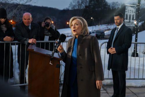 epa12780383 Former First Lady and Secretary of State Hillary Clinton speaks after giving deposition before the House Oversight Committee in Chappaqua, New York, USA, 26 February 2026. The House Oversight Committee dropped its contempt proceedings against Bill and Hillary Clinton after they agreed to testify about their ties to Jeffrey Epstein, following...