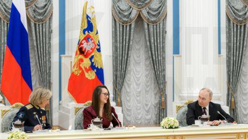 epa12797419 Russian President Vladimir Putin (R) meets with women representing various professional fields to congratulate them with the upcoming International Women's Day at the Kremlin, in Moscow, Russia, 05 March 2026.  EPA/PELAGIYA TIKHONOVA / SPUTNIK / KREMLIN POOL MANDATORY CREDIT