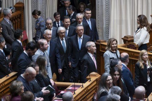 epa12805970 Current President Marcelo Rebelo de Sousa (C-L) is welcomed by Parliament President Jose Pedro Aguiar Branco (C) as he arrives for the swearing-in ceremony of elected Portuguese President Antonio Jose Seguro (C-R) in Lisbon, Portugal, 09 March 2026. Antonio Jose Seguro, former secretary-general of the Portuguese Socialist Party, was elected...