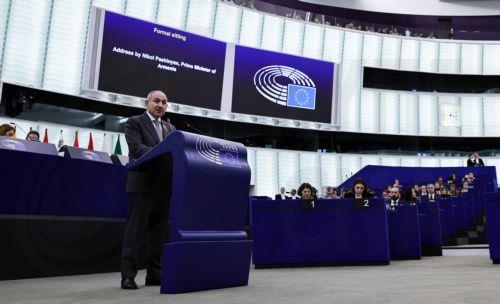 epa12811422 Prime Minister of Armenia Nikol Pashinyan delivers a speech at the European Parliament in Strasbourg, France, 11 March 2026. The current plenary session runs from 09 to 12 March 2026.  EPA/RONALD WITTEK