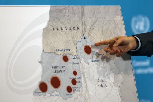 epa12811835 Israel's representative to the United Nations, Danny Danon (out of frame), points at a map of the Middle East during a press stakeout as part of a United Nations Security Council (UNSC) meeting called to address the ongoing conflict in the region, at the UN headquarters in New York, New York, USA, 11 March 2026.  EPA/OLGA FEDOROVA