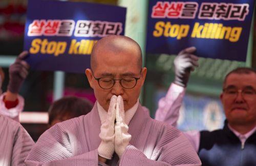 epa12826567 South Korean monks gesture before performing the Buddhist praying act of Dharna - walking three steps and making one bow - toward the US Embassy during a protest against US President Trump, in Seoul, South Korea, 17 March 2026. Protesters gathered to oppose Trump’s request for South Korea to send ships to the Strait of Hormuz.  EPA/JEON HEON-KYUN