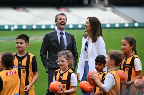 epa12826602 Denmark's King Frederik X (C-L) and Queen Mary (C-R) react during a visit to the MCG in Melbourne, Australia, 17 March 2026. The royal couple is visiting Australia from 14 March until 19 March 2026.  EPA/JAMES ROSS AUSTRALIA AND NEW ZEALAND OUT